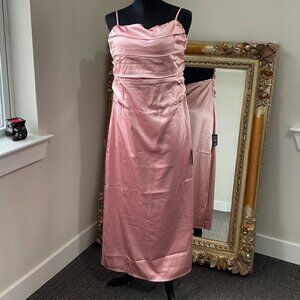 Lulus Ruched Slip Satin Midi Dress Spaghetti Straps Backless Size L Pink